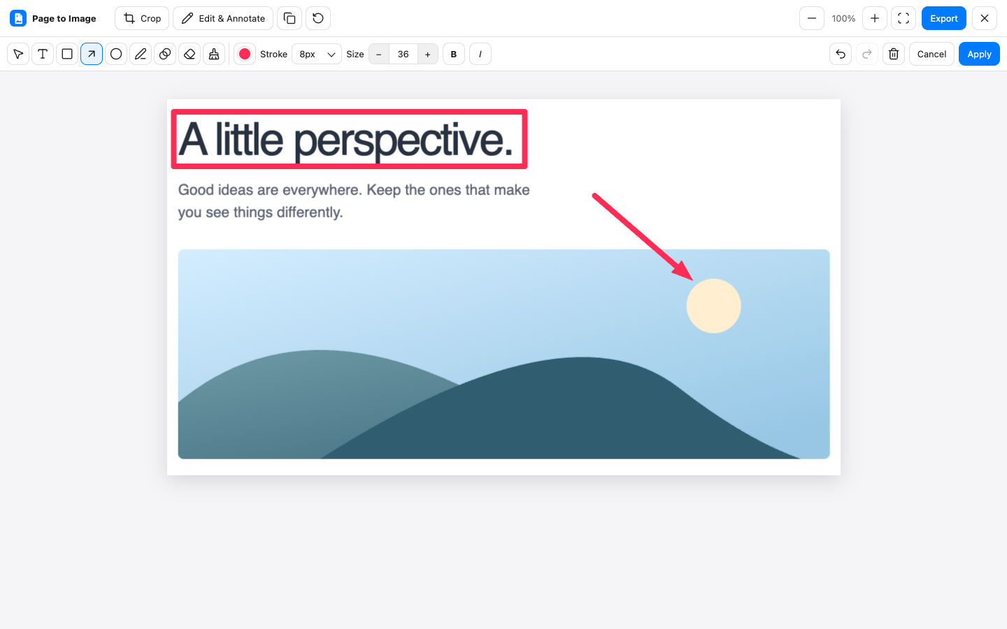 A cropped webpage in Capture review, with a rectangle highlighting the headline and an arrow pointing to a detail