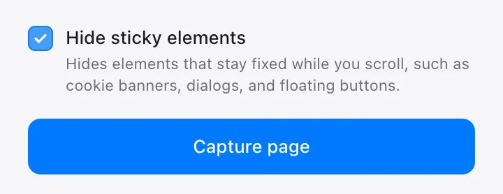 Hide sticky elements option turned on in the Page to Image popup