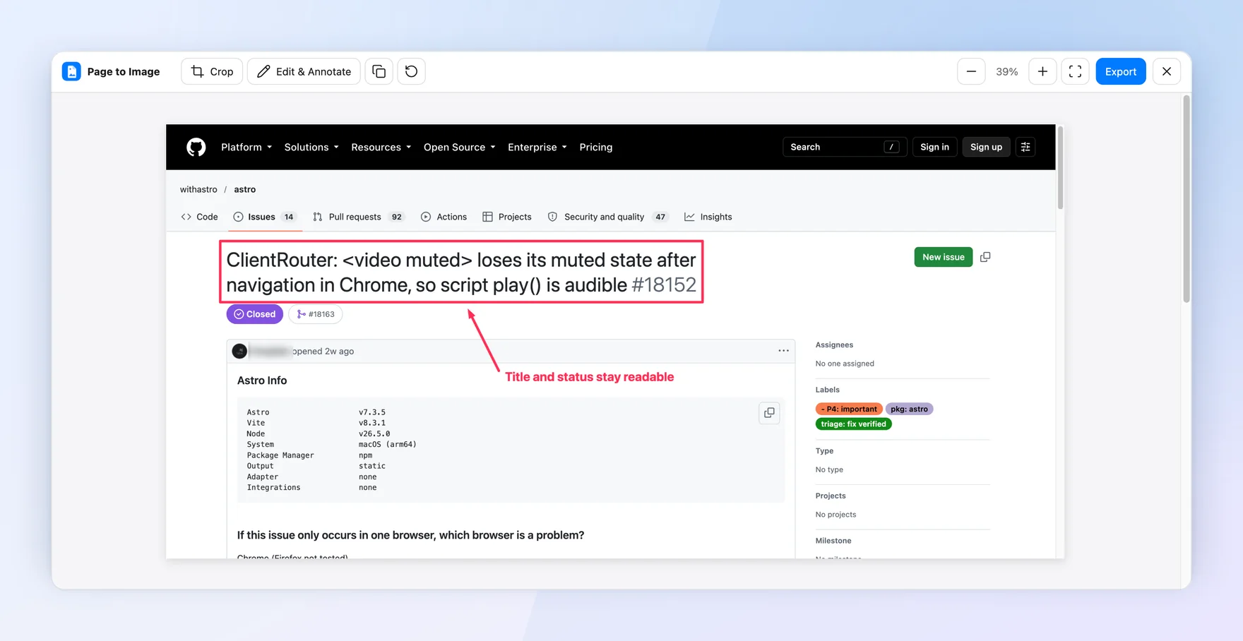 Capture review showing a GitHub issue with the author name blurred, the issue title outlined, and an arrow labeled “Title and status stay readable”