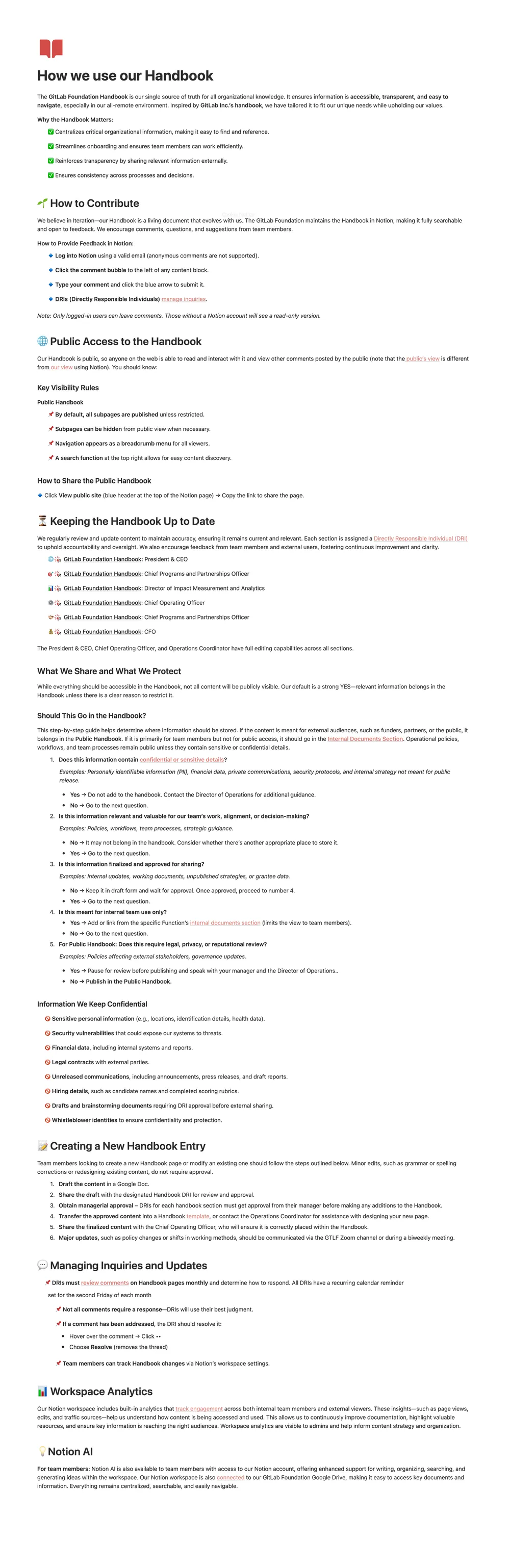 A complete capture of the GitLab Foundation handbook page on Notion, which scrolls inside its own panel, from the title to the last section