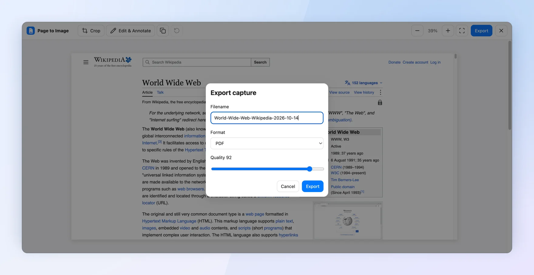 The Export capture dialog in Page to Image with a filename prefilled from the page title and date, and PDF selected as the format